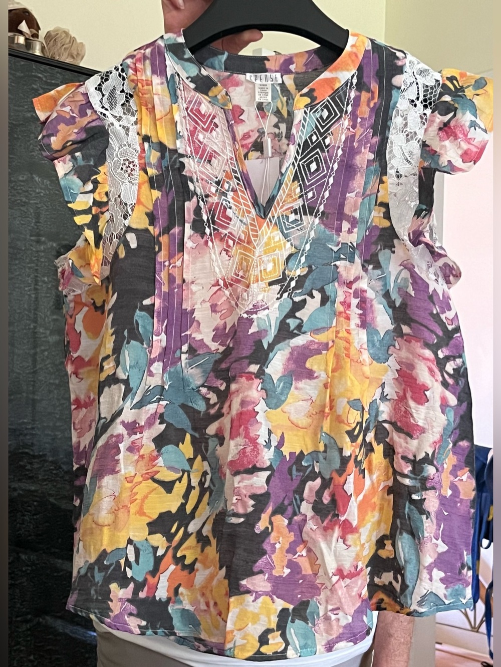 Spense Multicolor Floral Patchwork Top with Lace Stitching